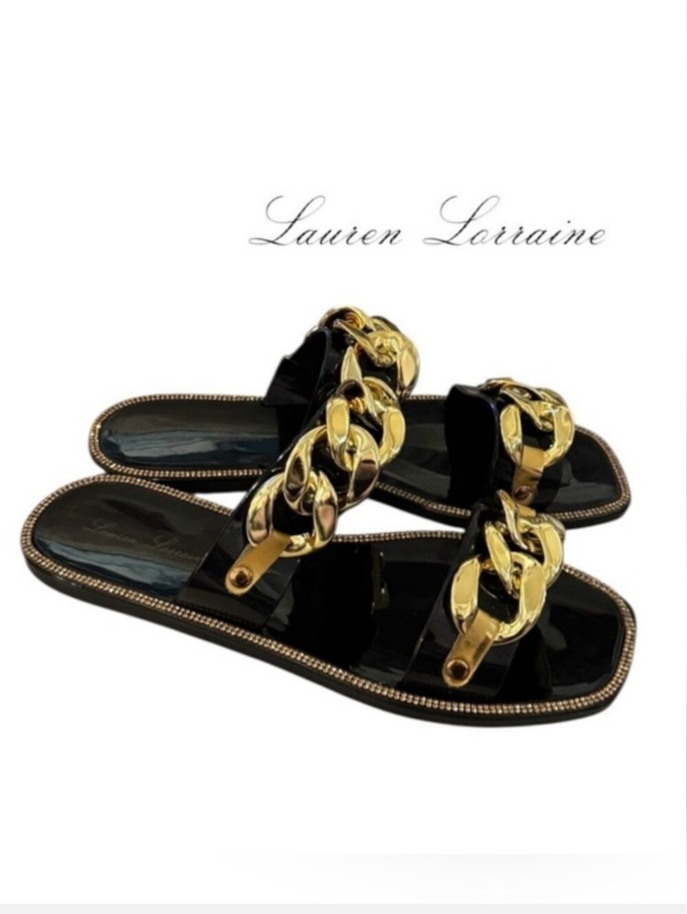 New Lauren Lorraine Black Jelly Slide Sandal with Bold Gold Chain 11